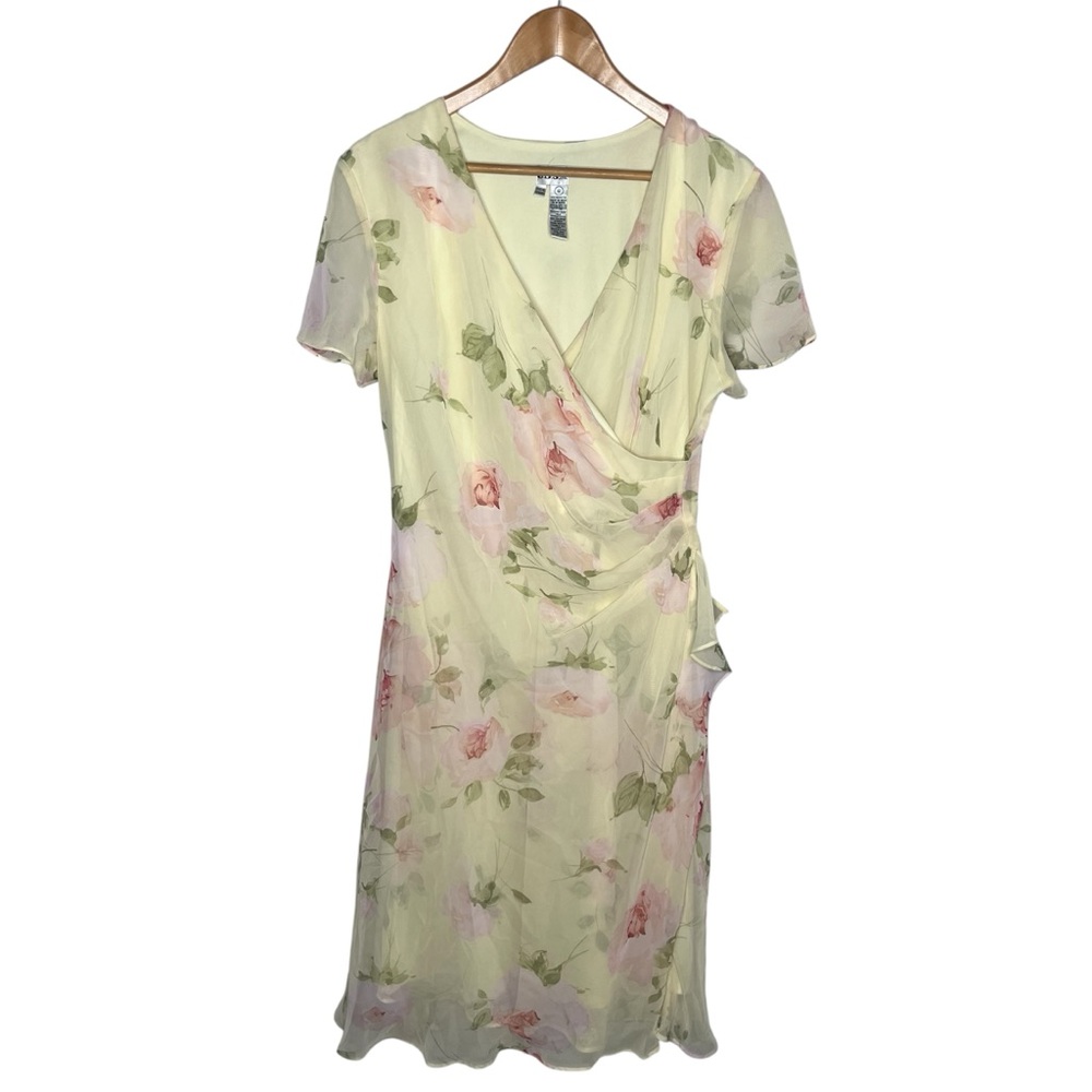 Vintage 90s Y2K JBS Ltd Butter Yellow Floral Sheer Overlay Surplice Midi Dress